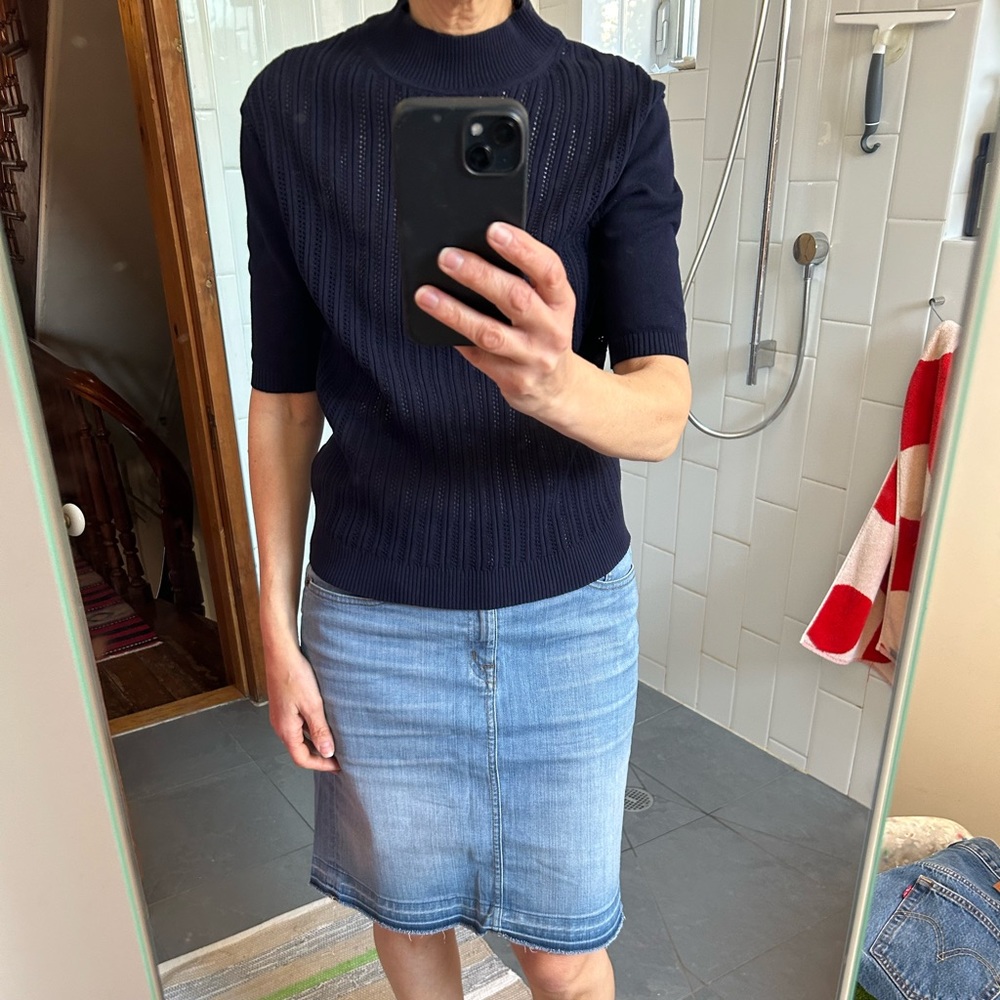 Aspesi Navy Cotton Mockneck Short-sleeve Pointelle stitch front Sweater
